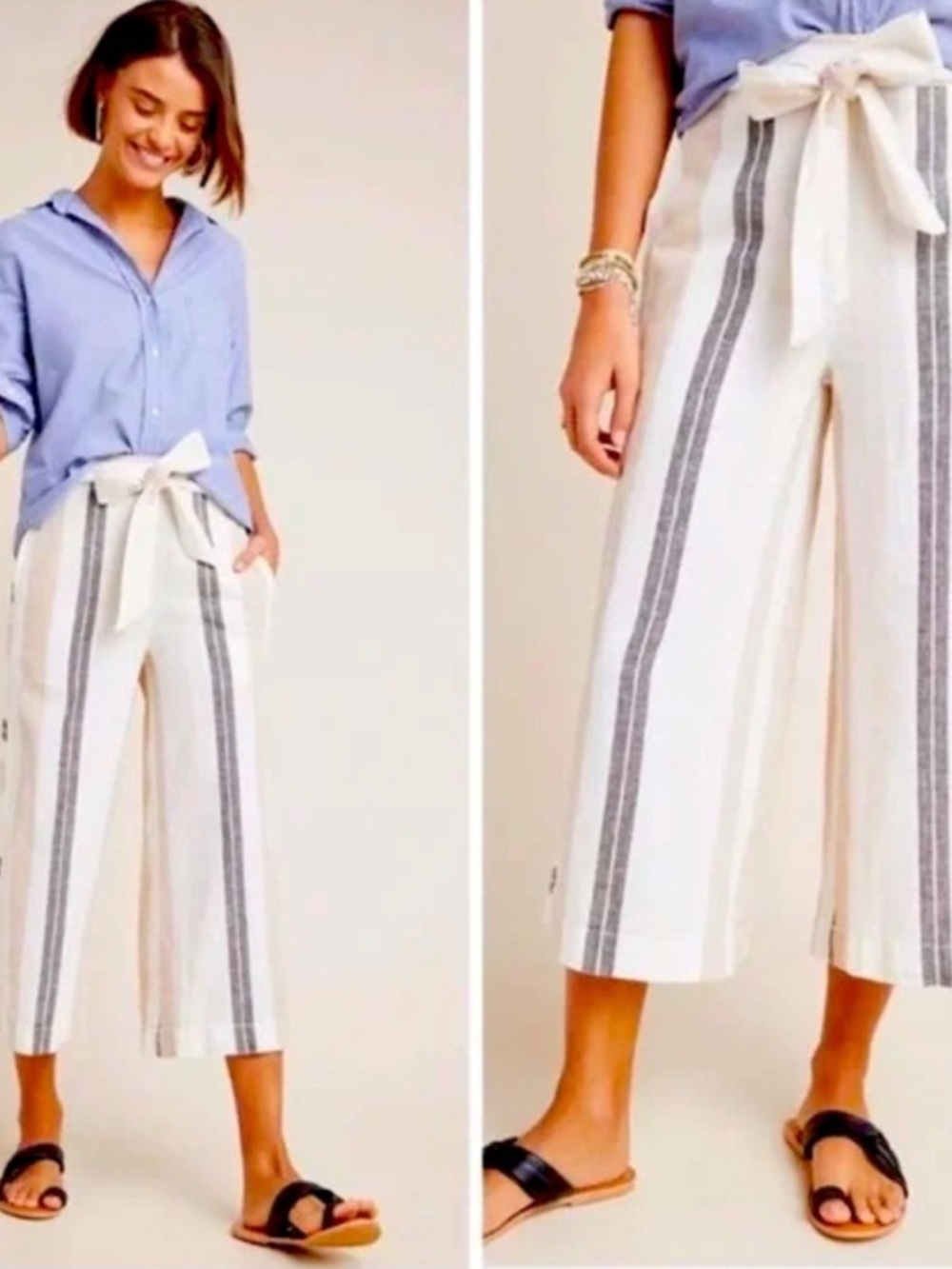 Anthropologie White, Beige and Gray Striped Linen Crop Pants